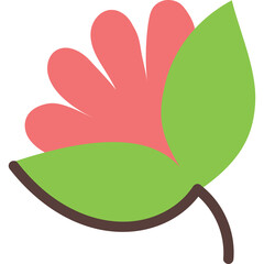 Simple Stylized Pink Flower With Green Leaves And Brown Outline On Transparent Background