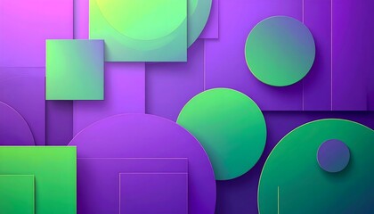 A vibrant abstract background with overlapping geometric shapes (circles and squares) featuring a striking gradient of purple and bright lime green.
