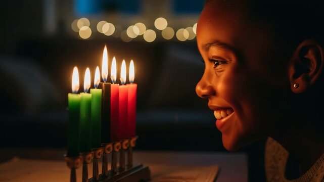 Happy African American girl looking at burning Kwanzaa candles with admiration, close up profile of child enjoying traditional African heritage holiday and family celebration
 - Powered by Adobe