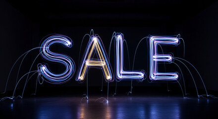Luminous word "SALE" in blue and gold light streaks against a dark background, representing special offer, marketing, and retail opportunity