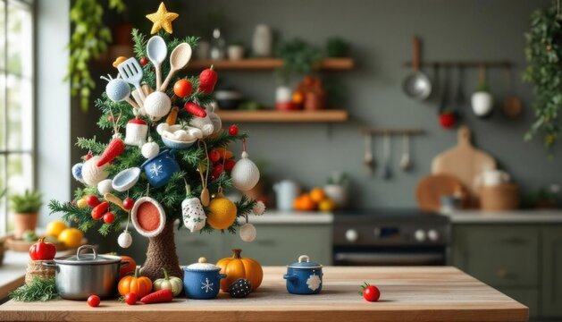 Festive kitchen christmas tree with utensil ornaments in cozy culinary setting