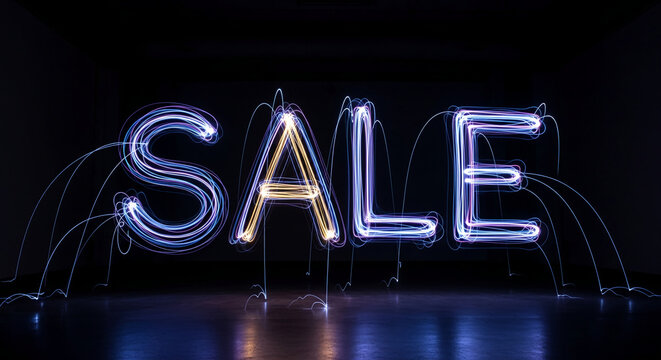 Luminous word "SALE" in blue and gold light streaks against a dark background, representing special offer, marketing, and retail opportunity