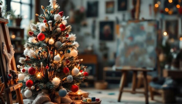 Festive christmas tree in cozy art studio with soft warm lighting