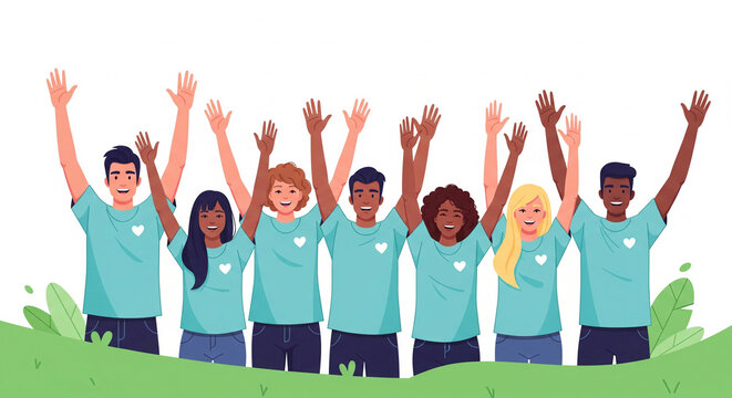 Diverse group of volunteers celebrating success with arms raised in unity and joyful teamwork, perfect for community outreach and collaboration projects with positive vibes - Powered by Adobe
