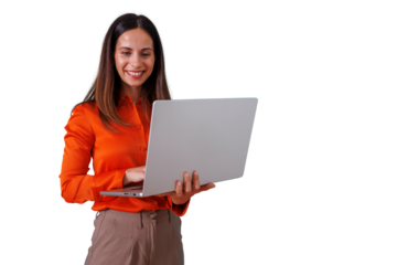 Woman standing and smiling, working on laptop, managing business online, using technology, transparent background
