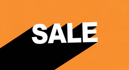 White "Sale" text with long dark shadow on orange background, representing marketing, promotion, discount, and retail event, attracting attention
