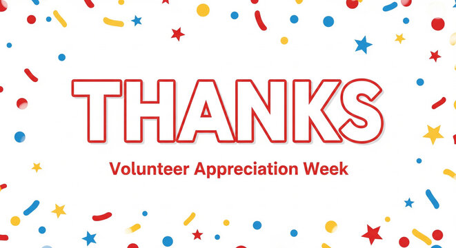Show your gratitude during Volunteer Appreciation Week with this cheerful design featuring colorful confetti and bold thanks message for banners and social media posts