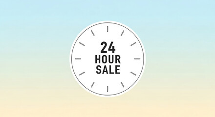 White clock graphic with "24 HOUR SALE" text, representing a limited-time offer or promotion against a smooth gradient background, perfect for advertisement