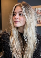 A close-up photo of a woman with vanilla blonde hair and chunky brunette highlights. She is an alternative girl wearing fall clothes. The photo was taken in a salon setting.