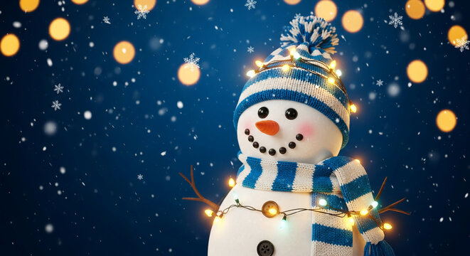 Illustration of a snowman wearing a blue and white hat and scarf, adorned with lights, against a dark blue snowy background, represents festive winter holiday - Powered by Adobe