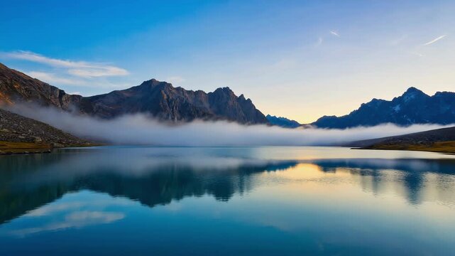Breathtaking view of a tranquil lake reflecting majestic mountains and a vibrant sunrise sky creating a peaceful natural scene vibrant colors stunning visuals