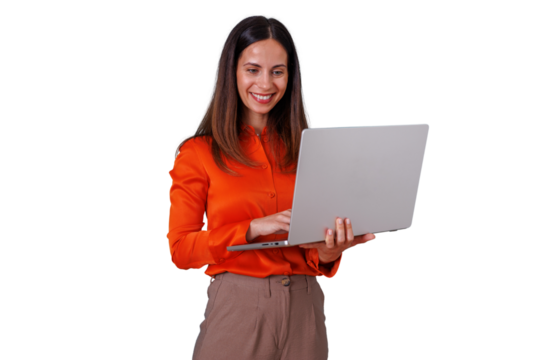 Smiling businesswoman working on laptop, remote work, online learning, browsing internet with portable personal computer