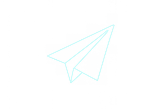 Paper airplane icon with glowing blue neon lines, symbolizing sending message, email, or travel on a transparent background