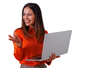 Businesswoman creating a presentation with a laptop, smiling confidently while engaging audience and sharing business concepts. Transparent background