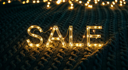 Illuminated "Sale" letters on blue knitted texture with string lights above, representing a retail promotion, special offer or seasonal discount event