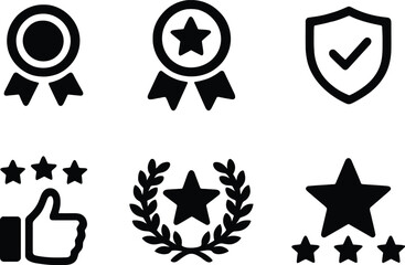 Achievement and Approval Icon Set, Certificate Icons, Badge Icons, Feedback Icon, Verified Shield Icon – Black Silhouettes of Ribbons, Stars, Shield, Thumbs-Up, and Laurel for Rating, Certification