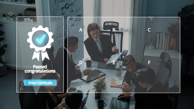 A dynamic business meeting featuring a team celebrating success, reviewing checklists and certificates in a modern office environment, emphasizing collaboration and achievement. Raster