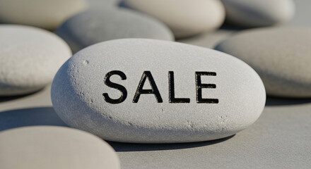 Close-up of smooth, light grey stone with "SALE" carved in dark letters, representing a promotional offer or discount event in retail business