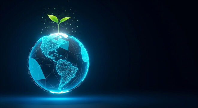 Glowing digital Earth with vibrant green sprout symbolizing sustainable future and ecological awareness, perfect for environmental campaigns and technology innovation