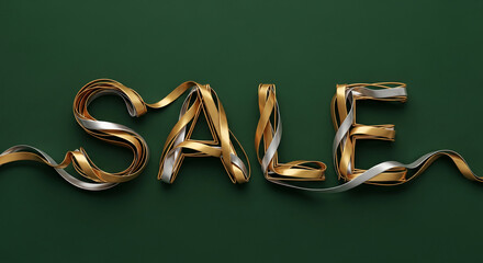 Metallic gold and silver ribbon forming "SALE" on green, suggesting promotion, offer, retail, discount, representing opportunity, and purchase incentive