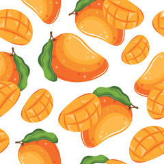 seamless pattern with ripe whole mango with green leaf and cut piece next to it, for food design, branding and packaging