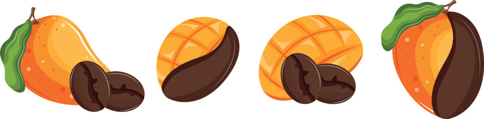 set of themed icons on the theme of various coffee flavors, namely a combination of coffee and ripe mangoes of various shapes, for cafes, restaurant menus or stickers