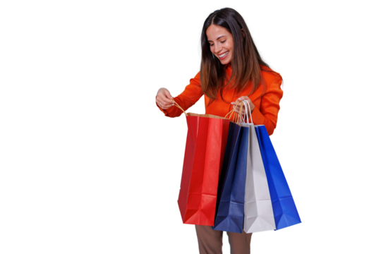 Happy woman opening shopping bag, holding purchases celebrating shopping, buyer concept on transparent background - Powered by Adobe