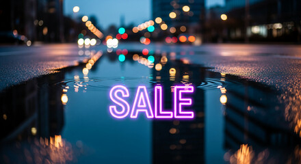 Puddle reflecting city lights and building. A neon "SALE" is superimposed, representing commerce, offer and retail, suitable for advertising concepts