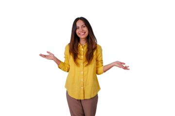 Woman smiling and shrugging with open hands, showing uncertainty, choice, or explanation on a transparent alpha background