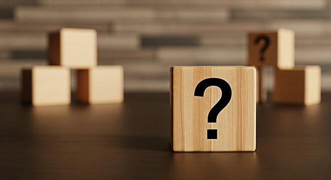 Question mark blocks wooden cubes concept uncertainty problem solving decision making choice knowledge information education learning quiz test idea