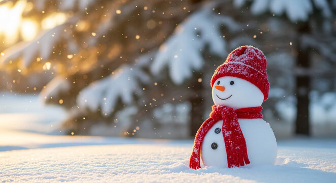 Image of a white snowman with red knit hat and scarf in a snowy landscape, representing winter season, holiday, or Christmas celebration