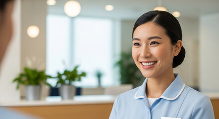 Close-up of a smiling woman in blue uniform, representing healthcare and hospitality, with a blurred background, conveying a welcoming atmosphere
