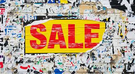 Fototapeta premium Torn posters on brick wall, revealing the word SALE on a yellow background, representing retail discount and commercial promotion for consumerism