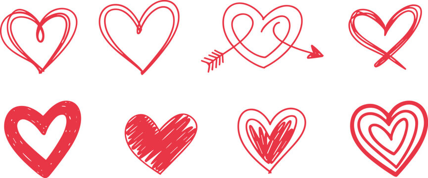 Collection of eight hand-drawn red heart designs with sketchy, detailed elements, emotion concept.