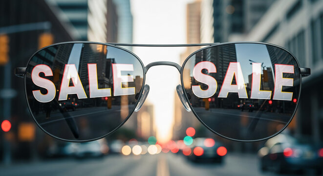 Sunglasses reflecting an urban street scene, with "SALE" overlaid, symbolizing opportunity and retail. The blurred background enhances the focal point