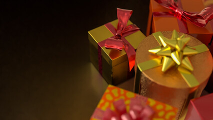 Luxury Gift Boxes with Golden and Red Ribbons 3d render.