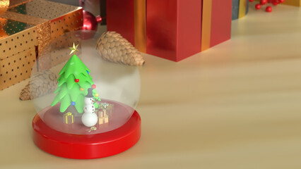 Christmas Snow Globe with Snowman and Tree 3d render
