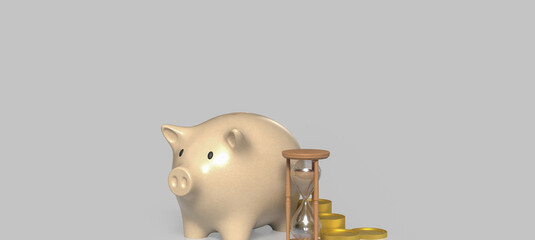 Piggy Bank with Hourglass and Gold Coins 3d render.