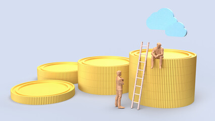 The Miniature People with Ladder and Stacked Coins 3d rendering.