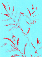 Sketches of red plants on a sky blue watercolor background.