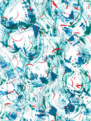 Abstract watercolor pattern with blue and red strokes.
