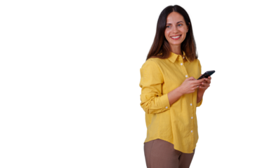 Woman smiling, looking away and holding a smartphone, communicating with digital technology on transparent background