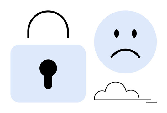 Data security concept. Data protection highlighted with a padlock icon, emotional impact with a sad face. Data security focuses on safeguarding personal privacy and network safety. Great