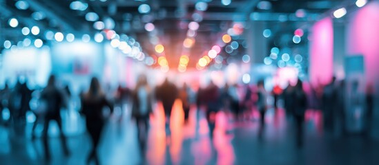 Naklejka premium Blurred Crowd at a Trade Show or Convention with Lights.