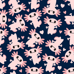 Cute Axolotls seamless pattern with playful amphibian characters and hearts on dark background.
