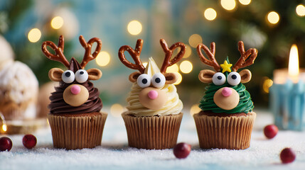 Three Cute Reindeer Christmas Cupcakes with Pretzel Antlers and Funny Faces on Snowy Table 