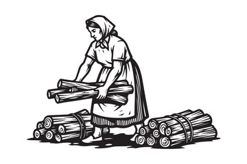Woman gathering firewood in a rural setting