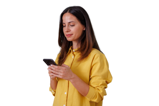 Woman texting, reading or typing on smartphone, connecting with digital device, having screen time, isolated, transparent background