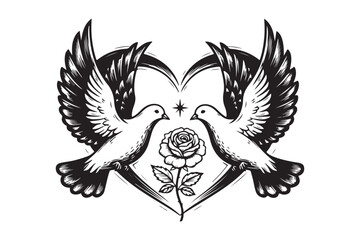 Two doves and a rose forming a heart symbol