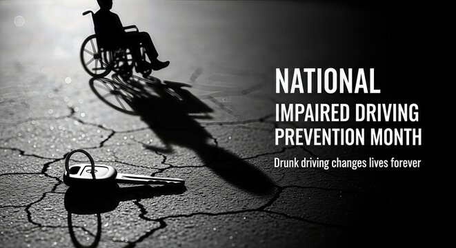 Alcohol impaired driving consequence, a person in a wheelchair, car keys on cracked asphalt, stark warning for National Impaired Driving Prevention Month.